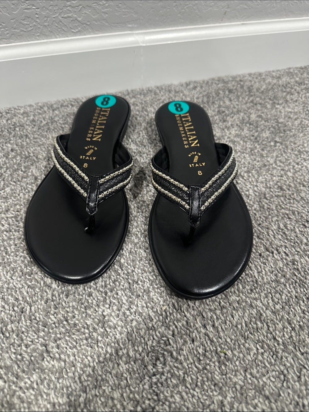 Italian Shoemakers Black Thong Sandals with Metallic Braid